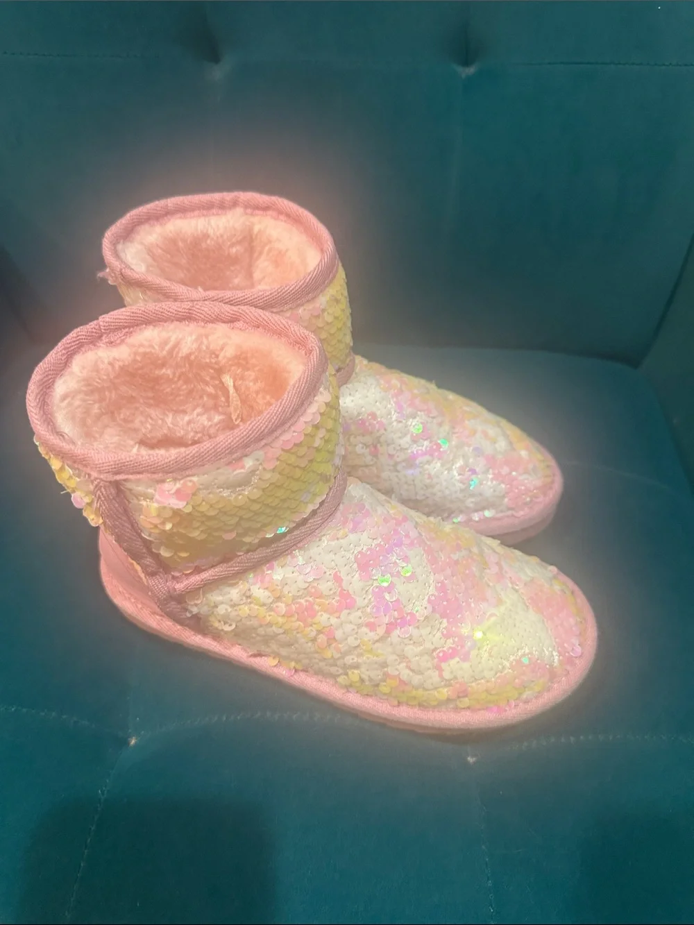 Kids Sequin Plush Lined Pink & Pastel Boots